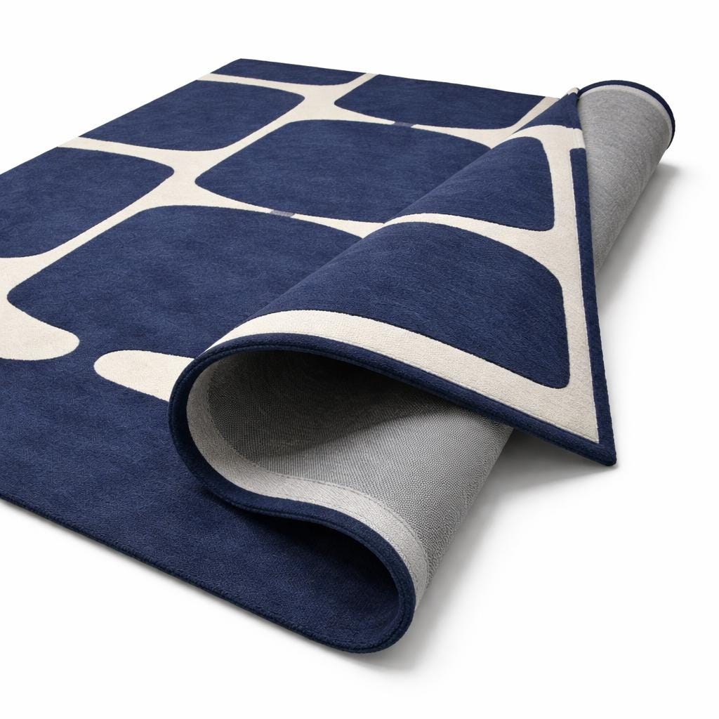Handmade Wool Area Rug, Navy Blue Geometric Block Carpet, Scandinavian Style Home Decor