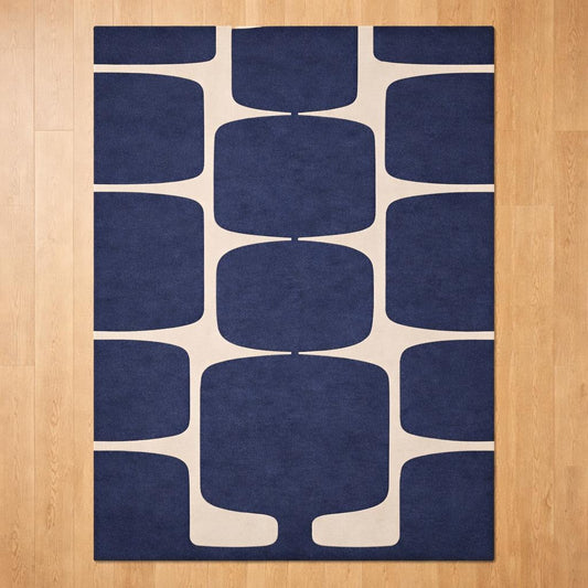 Handmade Wool Area Rug, Navy Blue Geometric Block Carpet, Scandinavian Style Home Decor