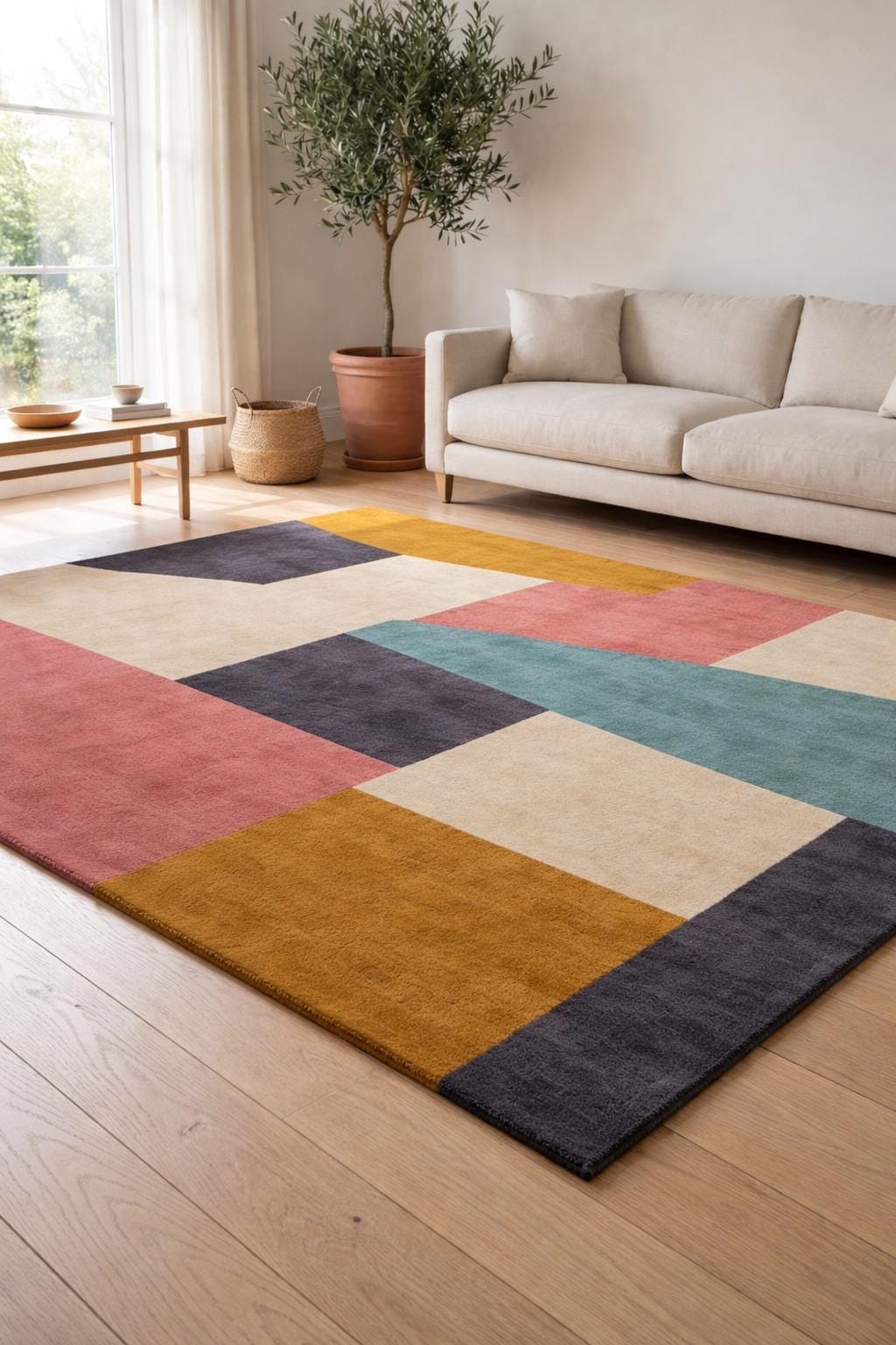 Hand Tufted Geometric Wool Area Rug | Modern Color Block Living Room Carpet