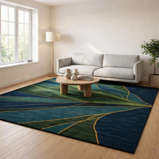 Navy Blue Green Abstract Wool Rug, Hand Tufted Gold Accent Custom Area Rugs