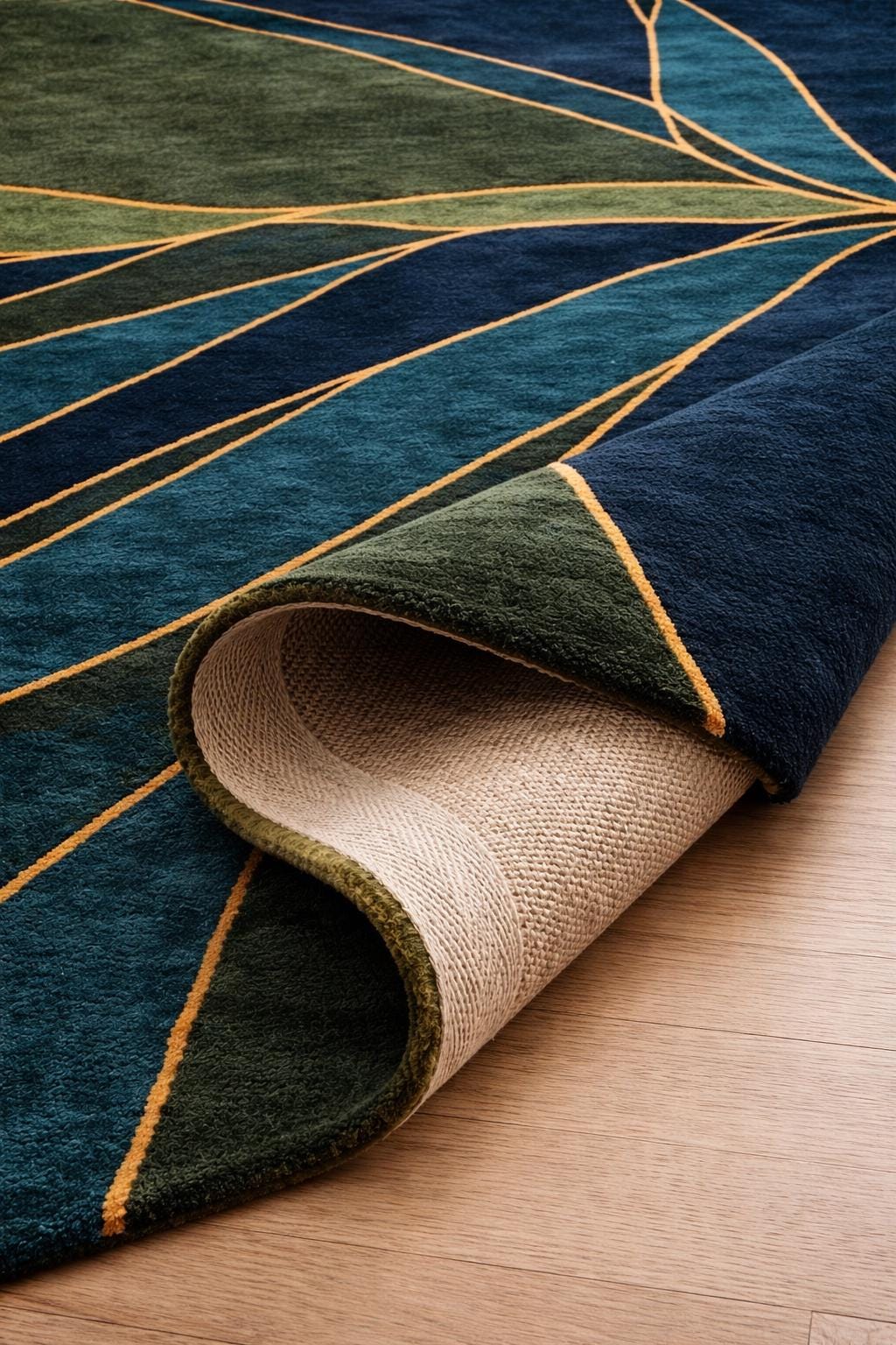 Navy Blue Green Abstract Wool Rug, Hand Tufted Gold Accent Custom Area Rugs