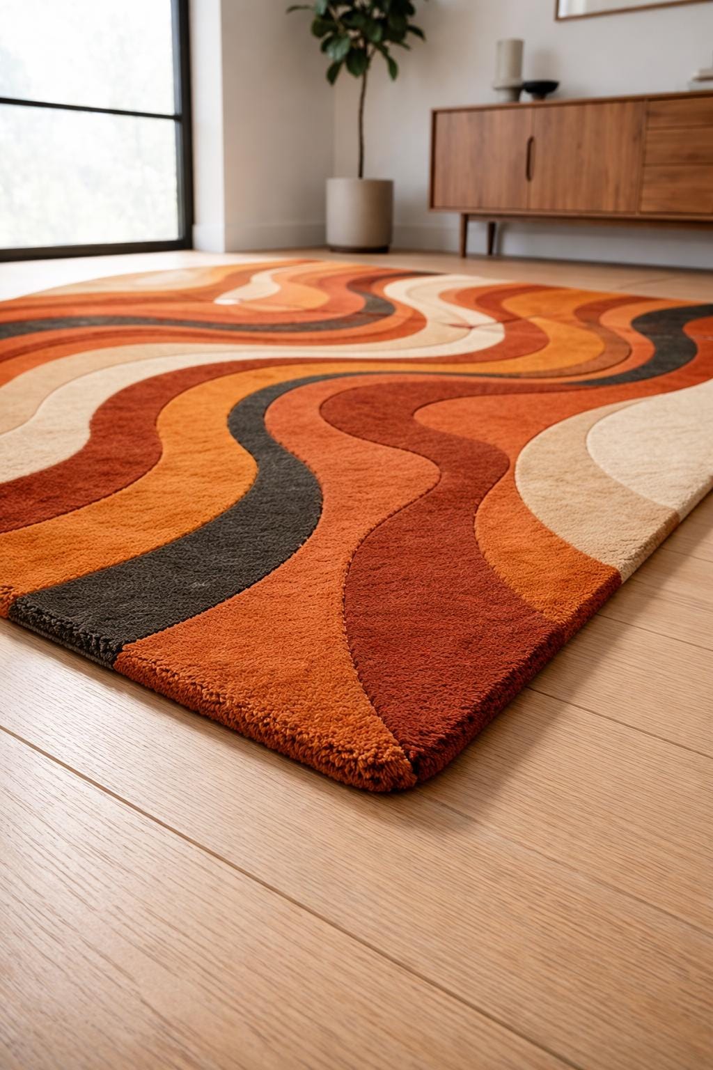 Irregular Abstract Wool Rug | Orange Retro Wavy Area Carpet