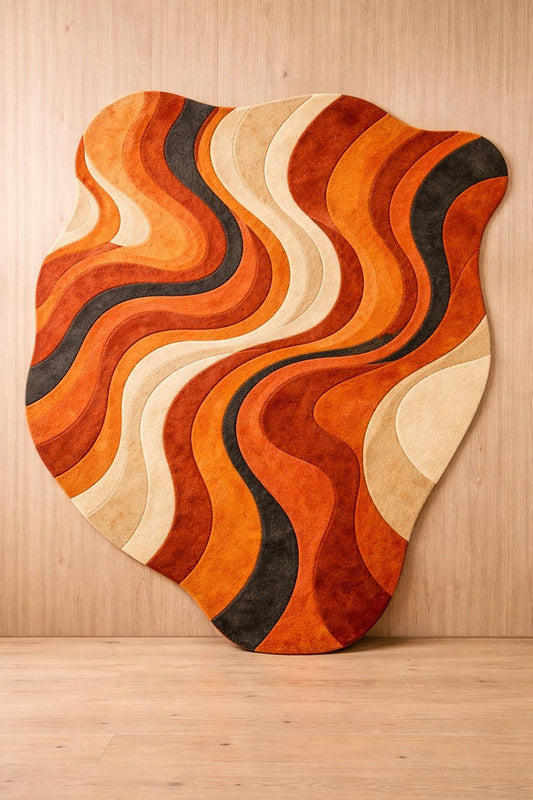 Irregular Abstract Wool Rug | Orange Retro Wavy Area Carpet