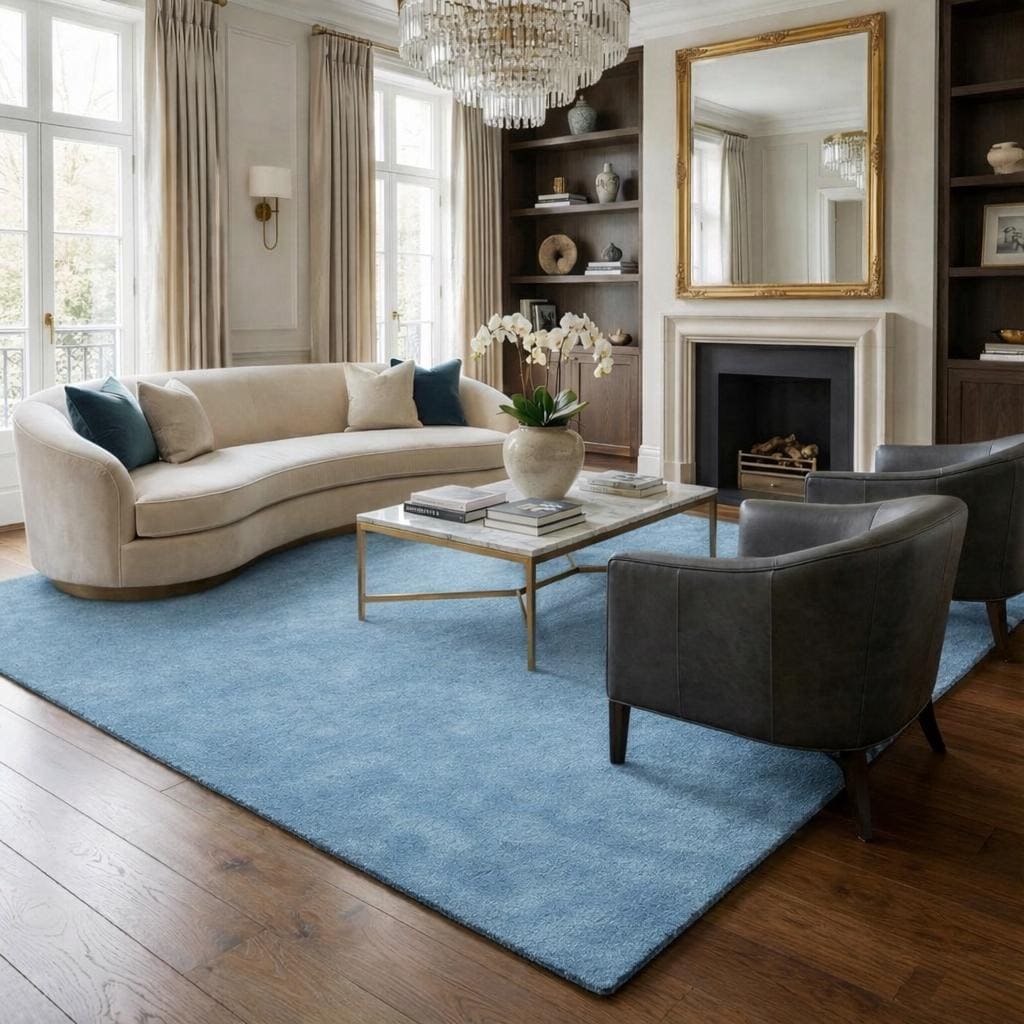 Solid Blue Hand-Tufted Wool Rug, Minimalist Scandinavian Carpet, Living Room Area Rug