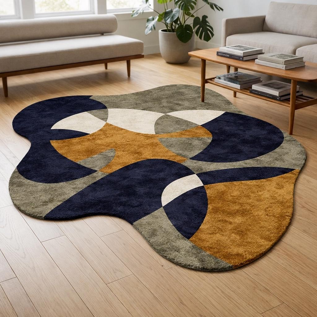 Hand Tufted Viscose Abstract Rug, Irregular Geometric Navy Mustard Beige Carpet