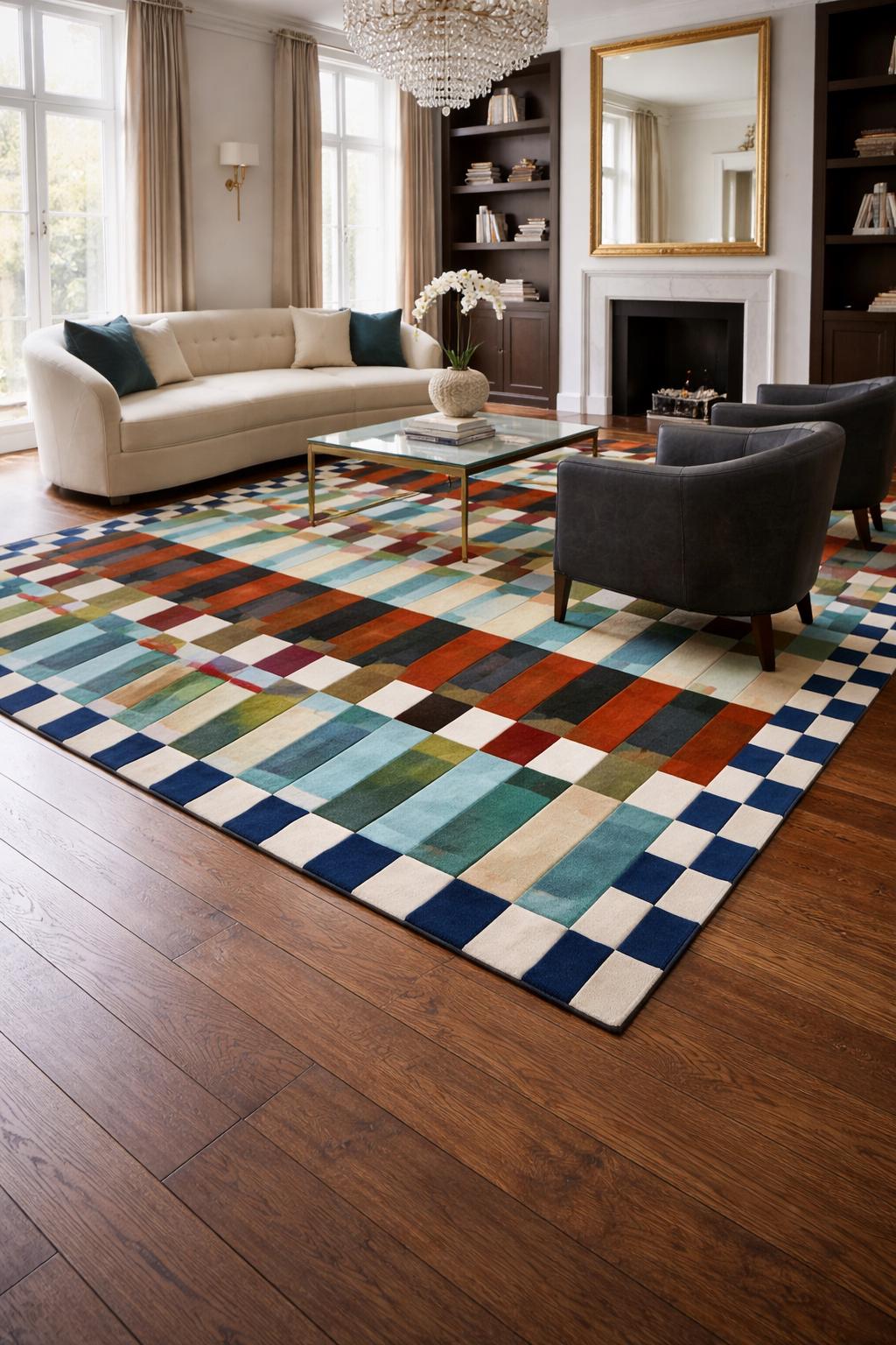 Hand Tufted Wool Area Rug, Colorful Geometric Abstract Stripes, Modern Designer Carpet