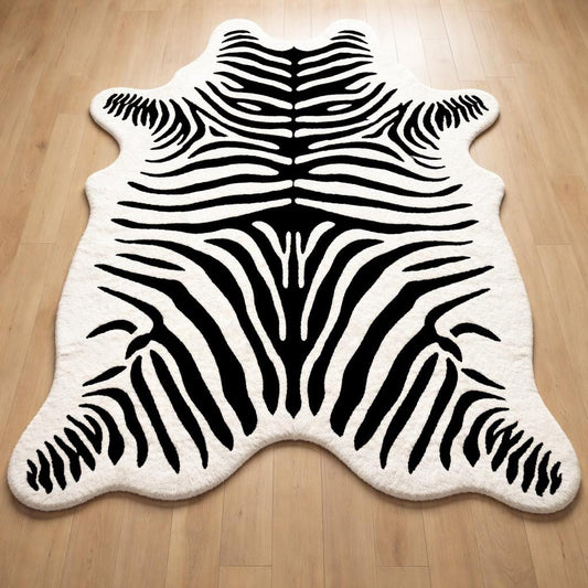 Hand Tufted Wool Zebra Hide Rug, Black White Animal Safari Area Rug