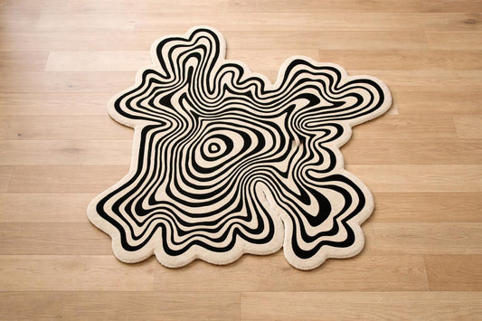 Black White Abstract Wavy Rug | Irregular Shape Tufted Area Rug | Modern Artistic Carpet