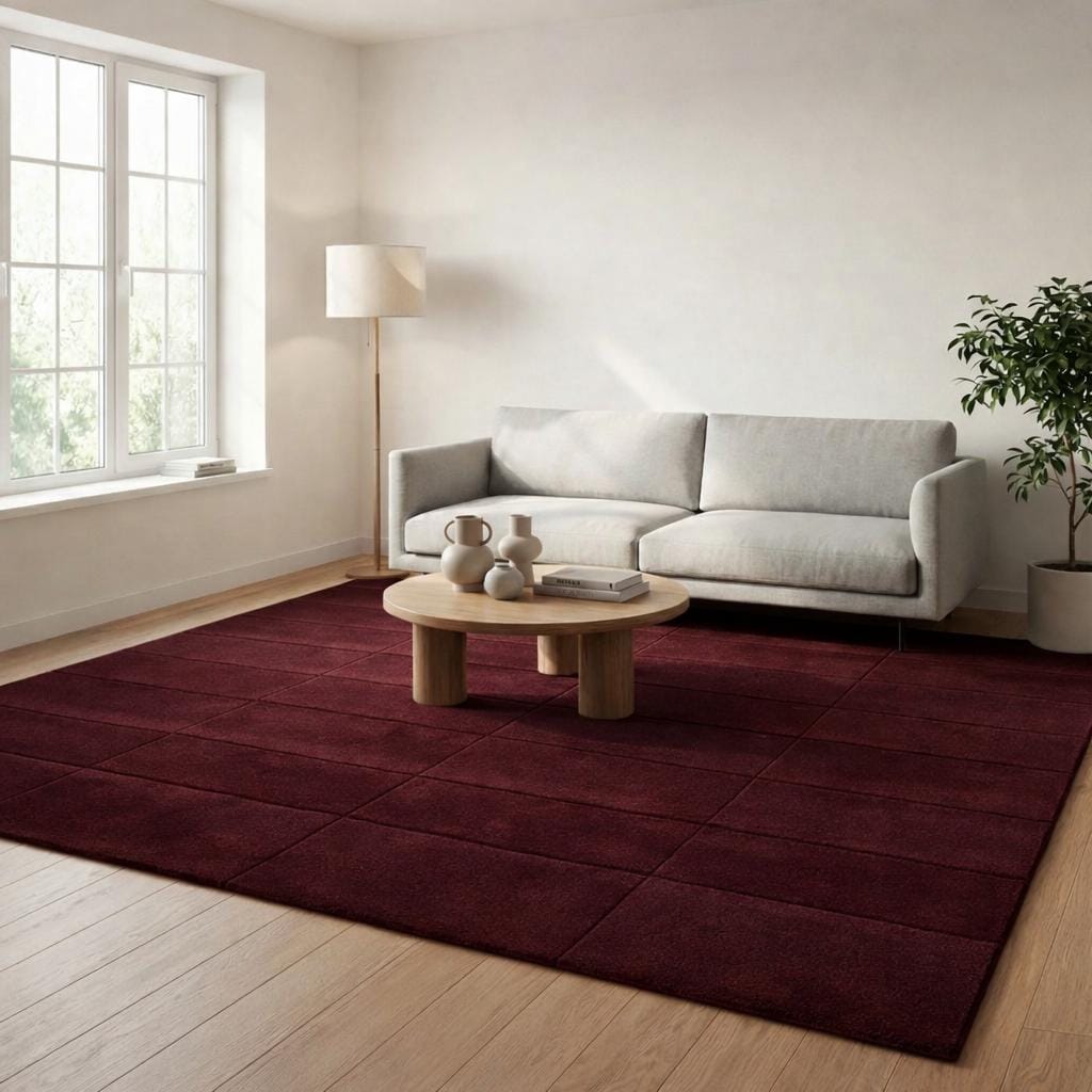 Deep Burgundy Wool Tufted Area Rug, Modern Minimalist Grid Carpet