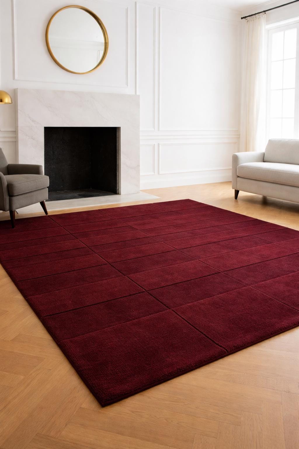 Deep Burgundy Wool Tufted Area Rug, Modern Minimalist Grid Carpet