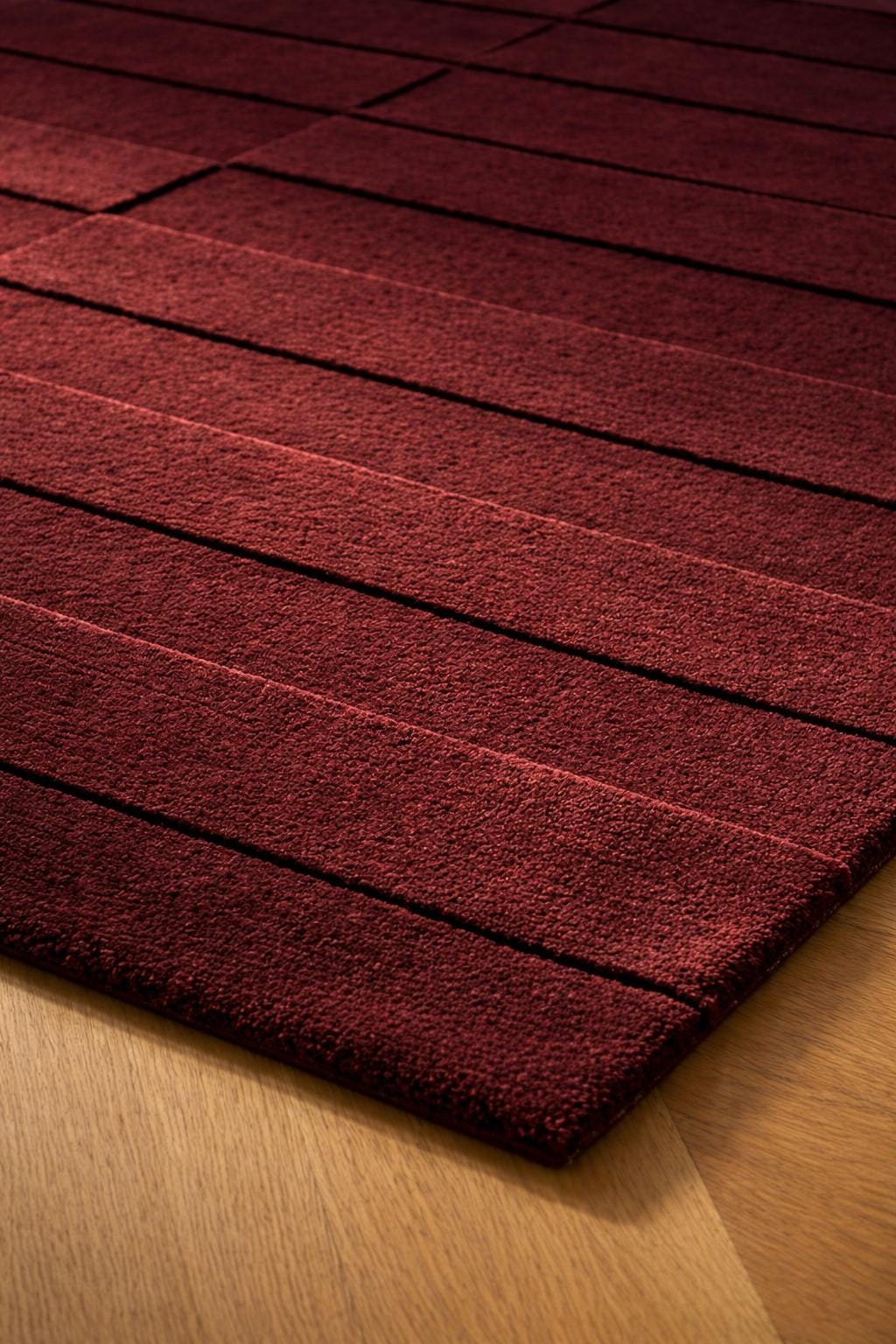 Deep Burgundy Wool Tufted Area Rug, Modern Minimalist Grid Carpet