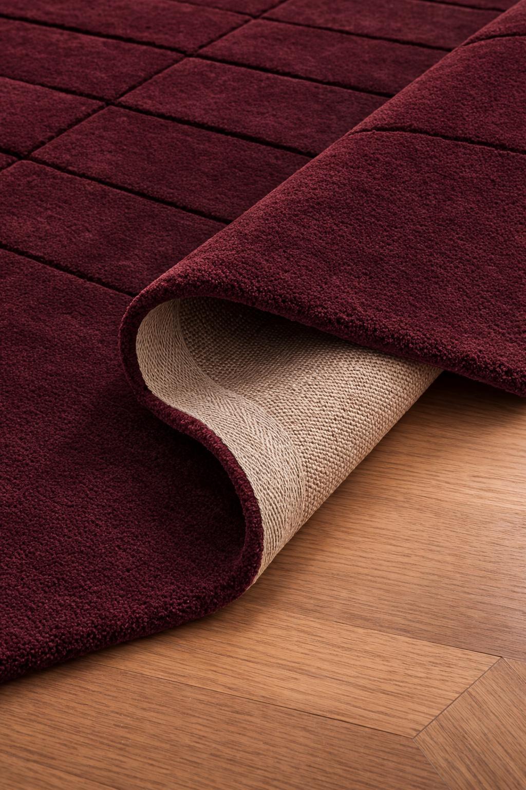 Deep Burgundy Wool Tufted Area Rug, Modern Minimalist Grid Carpet