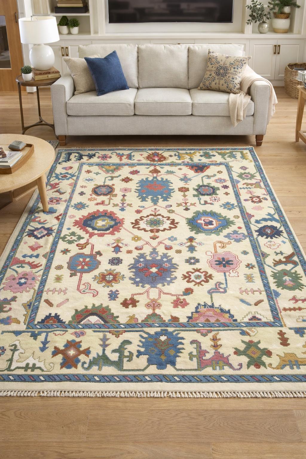 Hand Knotted Wool Oushak Rug | Multicolor Floral Medallion Area Carpet