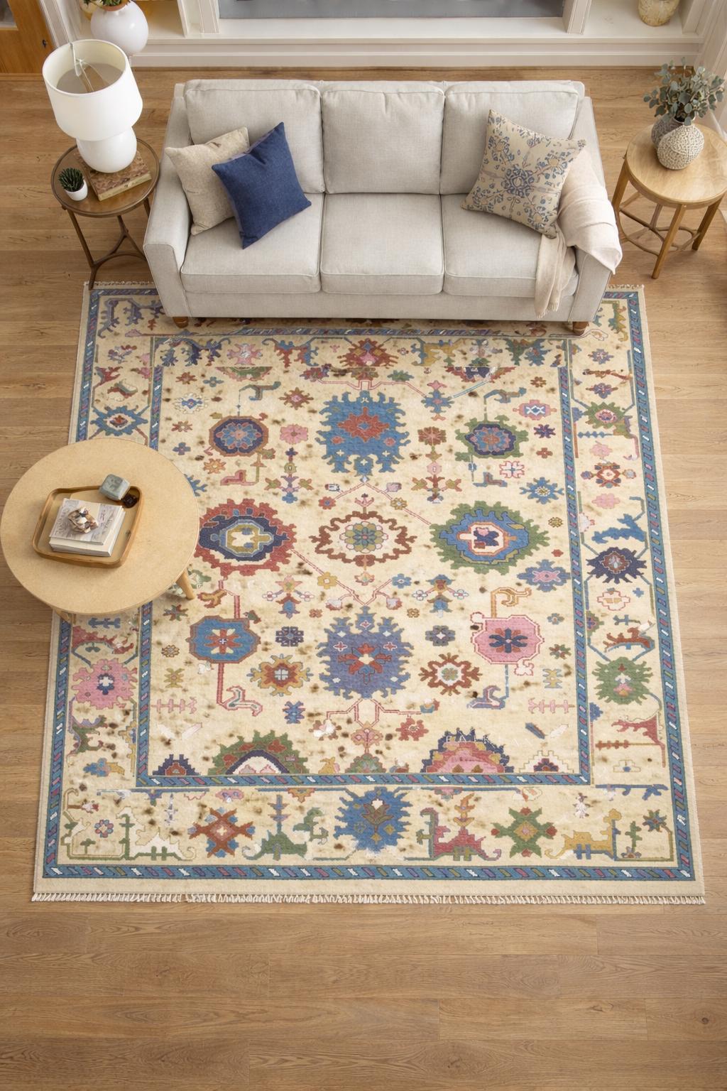 Hand Knotted Wool Oushak Rug | Multicolor Floral Medallion Area Carpet