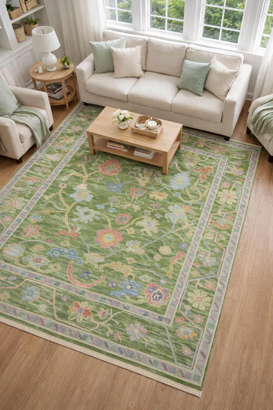 Green Oushak Rug, Hand Knotted Turkish Carpet, Floral Wool Area Rug