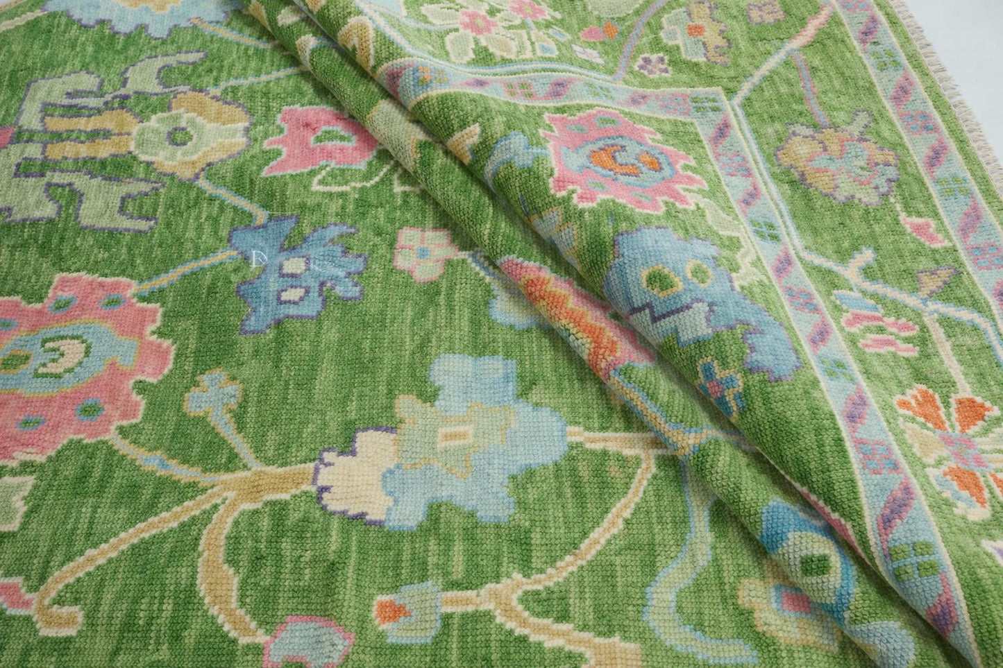Green Oushak Rug, Hand Knotted Turkish Carpet, Floral Wool Area Rug