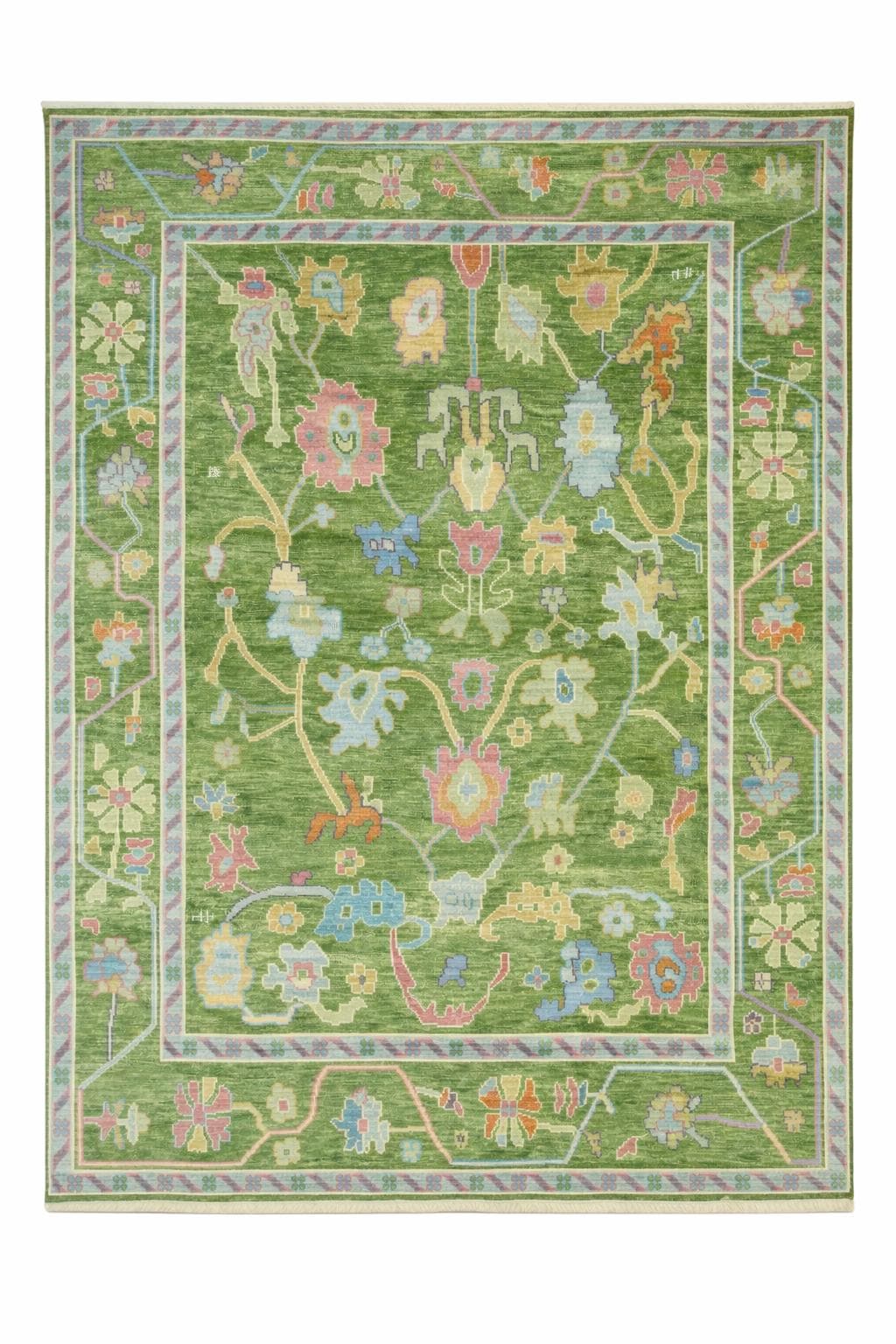 Green Oushak Rug, Hand Knotted Turkish Carpet, Floral Wool Area Rug