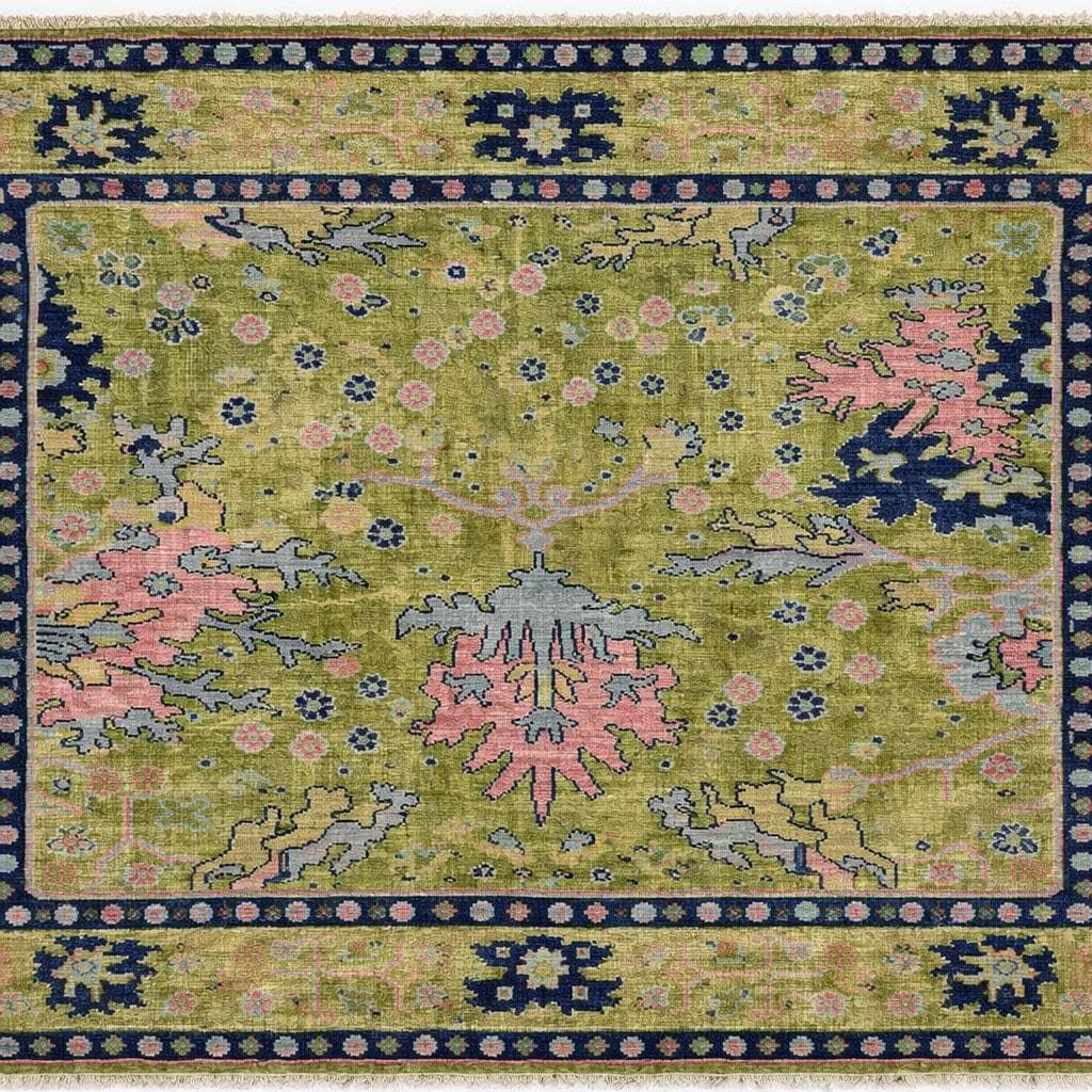 Green Oushak Rug, Hand Knotted Wool Floral Carpet, Traditional Turkish Area Rug