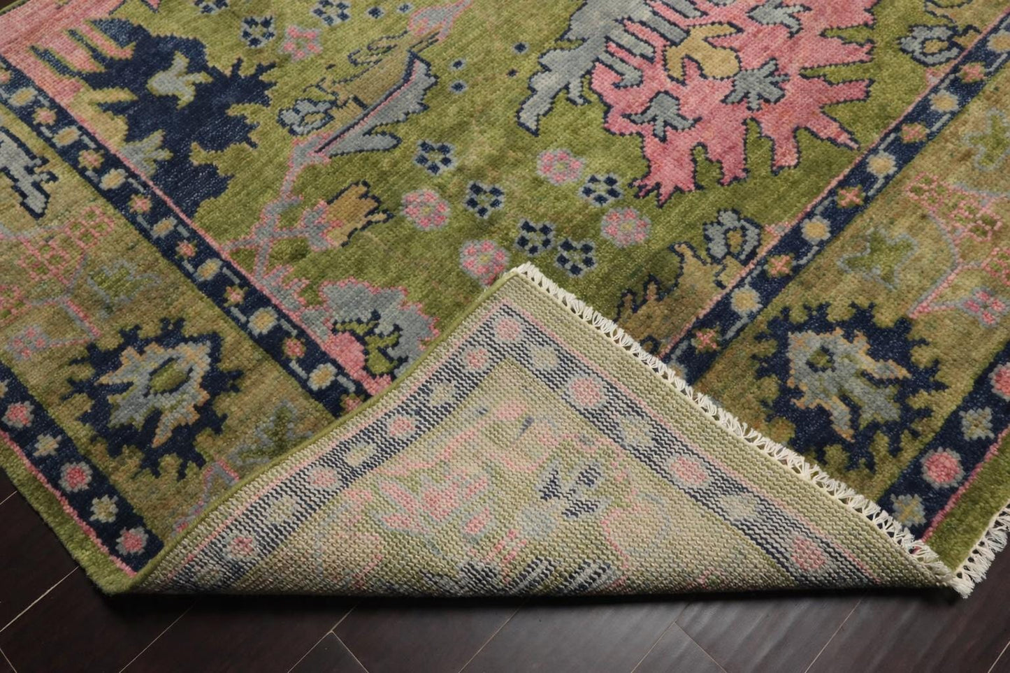 Green Oushak Rug, Hand Knotted Wool Floral Carpet, Traditional Turkish Area Rug