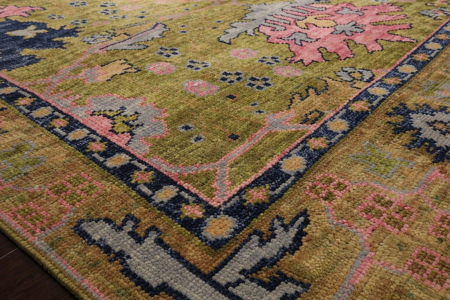 Green Oushak Rug, Hand Knotted Wool Floral Carpet, Traditional Turkish Area Rug